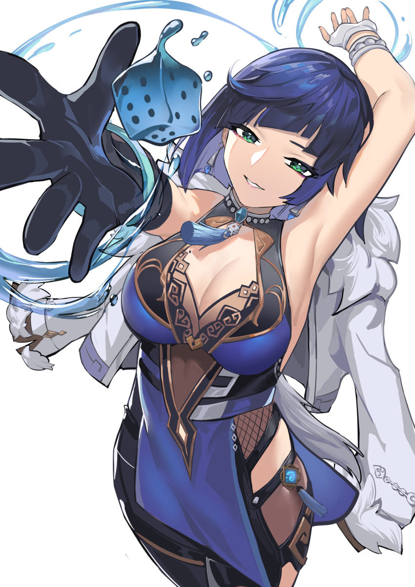 1girl absurdres arm_up armpits asymmetrical_gloves black_gloves breasts cleavage coat dark_blue_hair dice earrings elbow_gloves fingerless_gloves fur_coat genshin_impact gloves green_eyes half-closed_eyes highres hip_vent hua_zhi_ren jewelry large_breasts looking_at_viewer parted_lips simple_background smile solo water white_background white_coat white_gloves yelan_(genshin_impact)
