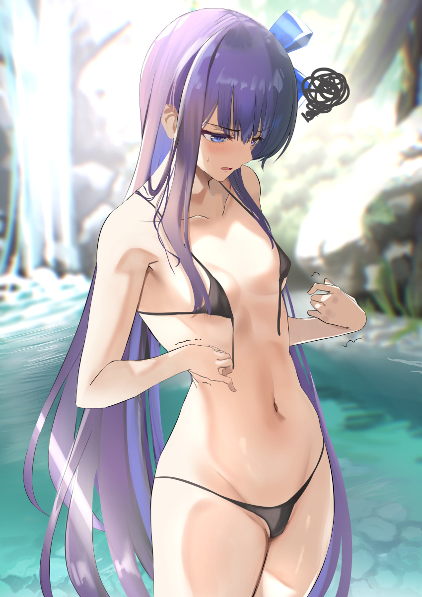 1girl absurdres bikini black_bikini blue_eyes blue_ribbon breasts collarbone day fate/grand_order fate_(series) furrowed_brow grass hair_ribbon highres kesoshirou long_hair looking_down meltryllis_(fate) navel outdoors parted_lips purple_hair ribbon rock small_breasts solo spoken_squiggle squiggle stomach sweatdrop swimsuit trembling untied untied_bikini very_long_hair wardrobe_malfunction water waterfall