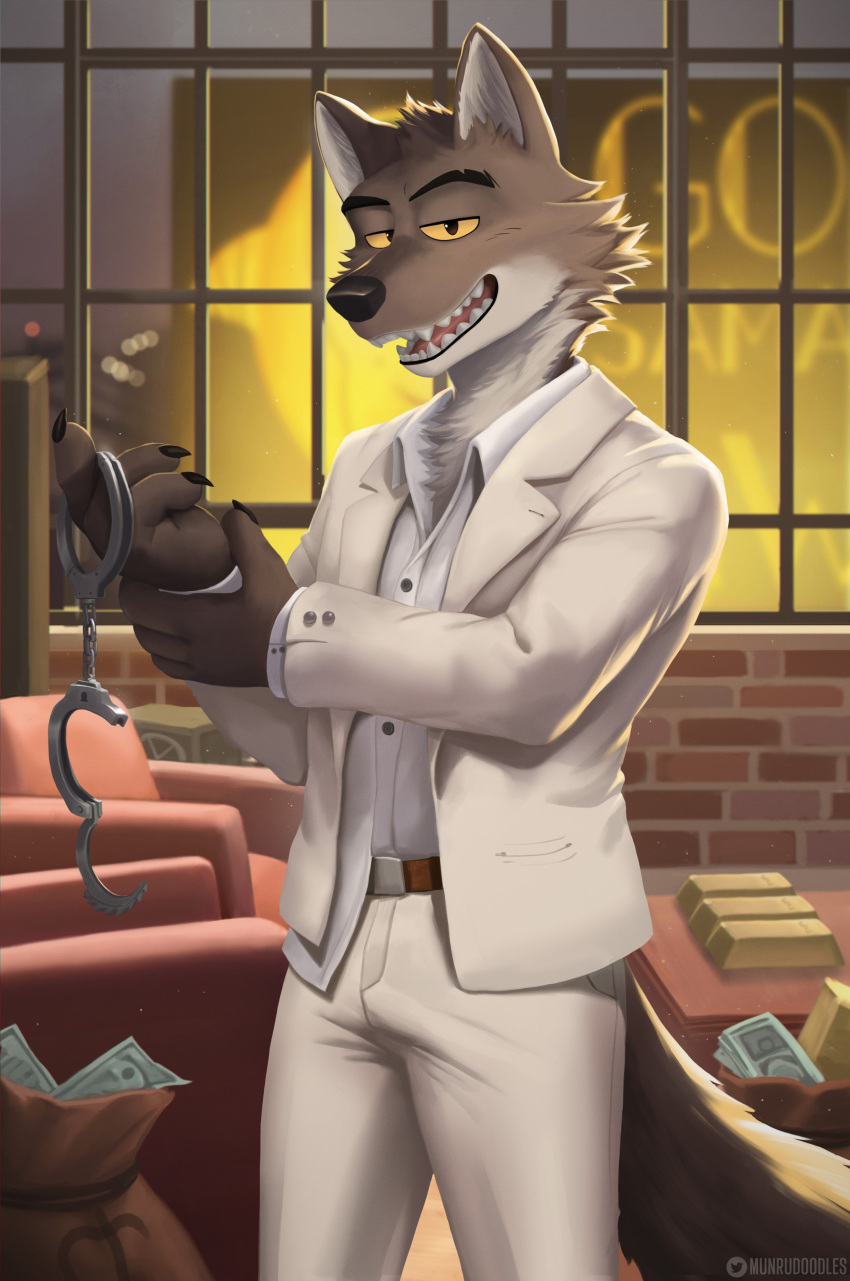 absurd_res anthro belt bottomwear brown_body canid canine canis clothed clothing cuff_(restraint) detailed_background digital_media_(artwork) dreamworks fingers fur gold_(metal) gold_bar handcuffs hi_res looking_at_viewer male mammal metal_cuffs money money_bag mr._wolf_(the_bad_guys) munru munrudoodles open_mouth pants restraints shirt smile solo standing suit text the_bad_guys topwear white_suit wolf