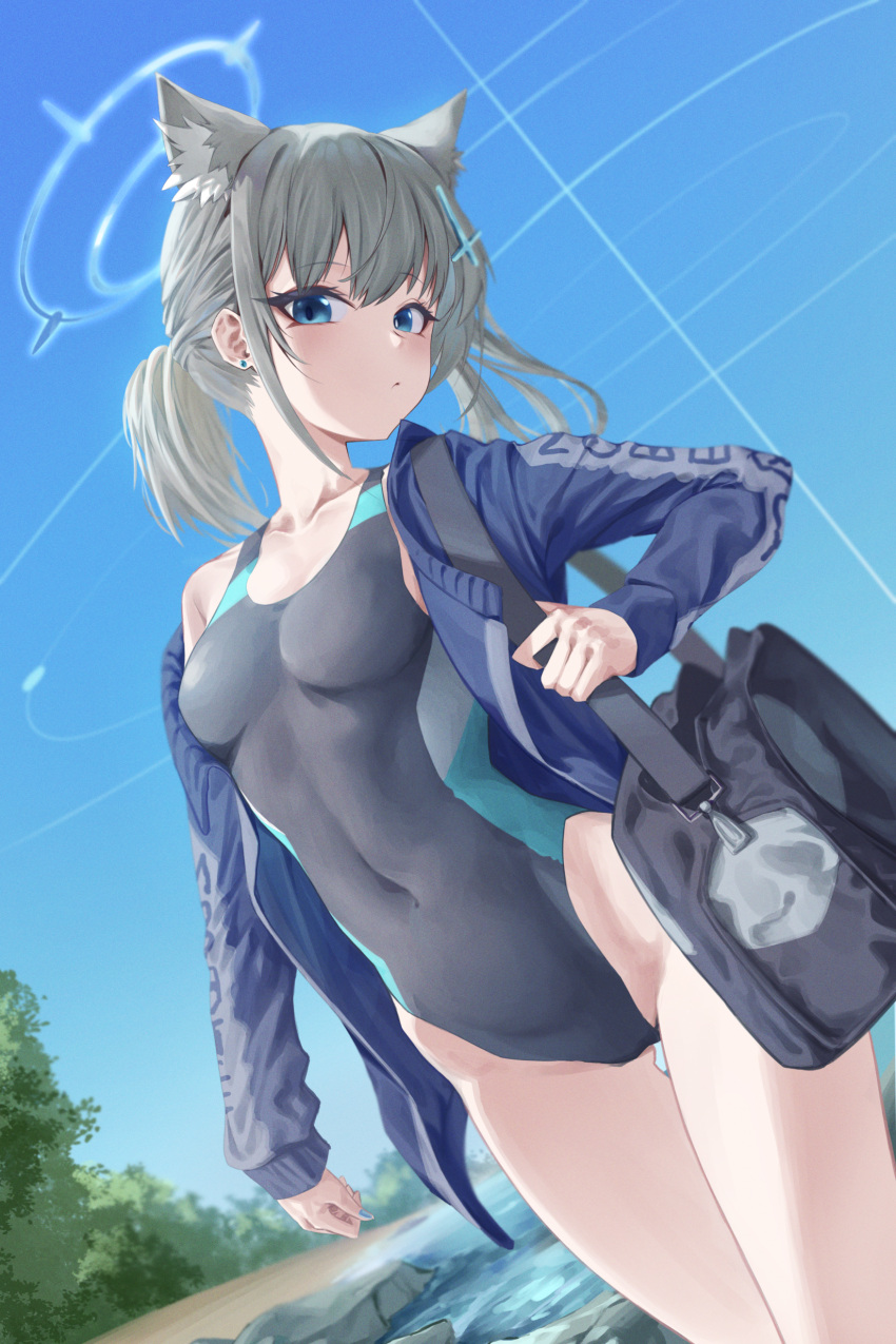 1girl absurdres animal_ear_fluff animal_ears bag bangs blue_archive blue_eyes blue_jacket breasts cat_ears cleavage collarbone competition_swimsuit cross_hair_ornament day earrings floating_hair gawuiiiaguiii grey_hair grey_swimsuit hair_ornament highres jacket jewelry long_hair long_sleeves one-piece_swimsuit open_clothes open_jacket outdoors school_bag shiroko_(blue_archive) shiroko_(swimsuit)_(blue_archive) small_breasts solo standing swimsuit thigh_gap track_jacket twintails