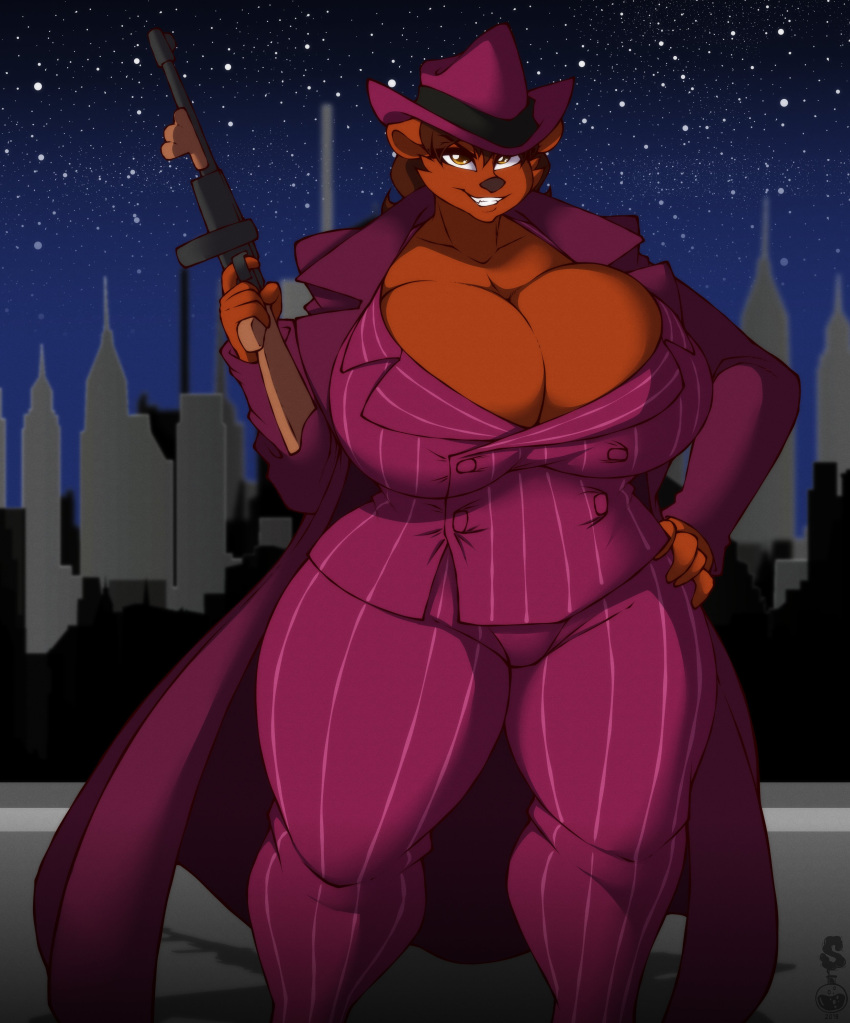 2019 4k absurd_res anthro big_breasts breasts brown_bear brown_body brown_fur brown_hair cleavage clothed clothing crossgender curvaceous curvy_figure detailed_background digital_drawing_(artwork) digital_media_(artwork) fedora female fingers fur gun hair hand_on_hip hat headgear headwear hi_res huge_breasts looking_at_viewer mammal mob_boss mtf_crossgender night outside ranged_weapon short_hair smile solo submachine_gun superix teddo_g_bear_(teddogbear) teeth thick_thighs thompson_gun ursid ursine voluptuous watermark weapon wide_hips yellow_eyes