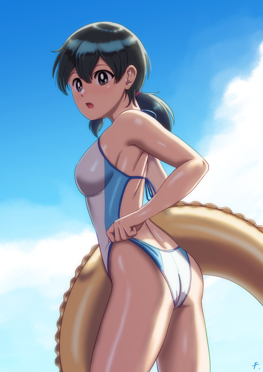 1girl absurdres ass black_eyes black_hair breasts casual_one-piece_swimsuit clothes_pull cowboy_shot doraemon from_behind highres innertube low_twintails medium_breasts minamoto_shizuka one-piece_swimsuit qiannian_zuojia solo swimsuit swimsuit_pull twintails white_swimsuit