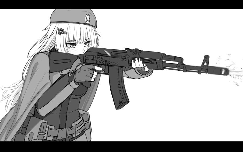 absurdres ak-74m ak74m_(girls'_frontline) ammunition_pouch assault_rifle bangs belt beret casing_ejection cloak commentary_request cowboy_shot eyebrows_behind_hair fingerless_gloves firing girls'_frontline gloves greyscale gun hair_ornament hairclip hat highres holding holding_gun holding_weapon kalashnikov_rifle long_hair long_sleeves monochrome muzzle muzzle_flash pouch rifle shell_casing shirt sidelocks tactical_clothes utility_belt weapon white_background yakob_labo