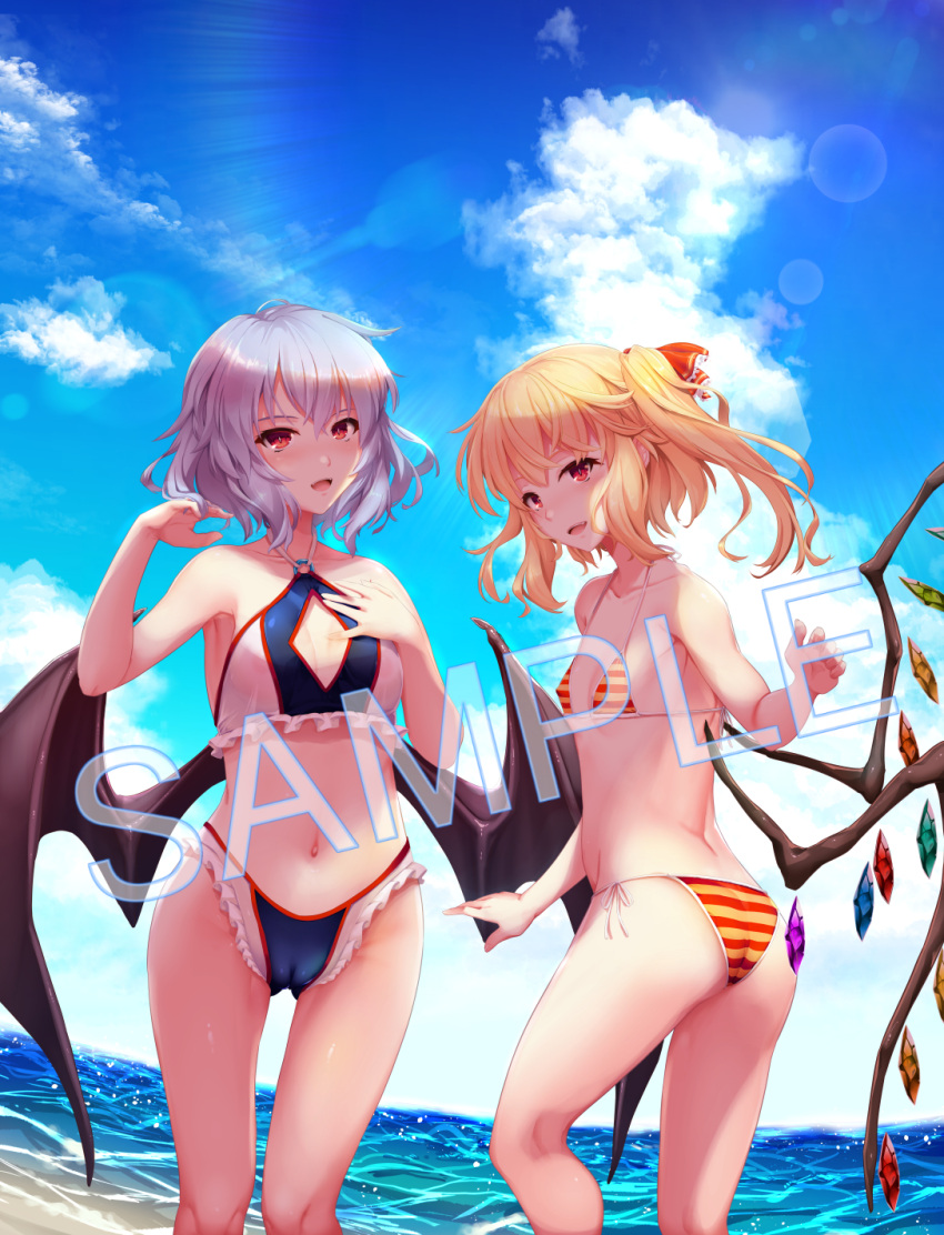 2girls alternate_costume bat_wings beach bikini blonde_hair blue_bikini blue_hair breasts collarbone crystal day fangs flandre_scarlet frilled_bikini frills highres looking_at_viewer medium_hair multiple_girls navel no_headwear ocean one_side_up ouma_tokiichi outdoors red_bikini remilia_scarlet sample_watermark small_breasts striped striped_bikini swimsuit touhou white_bikini wings yellow_bikini