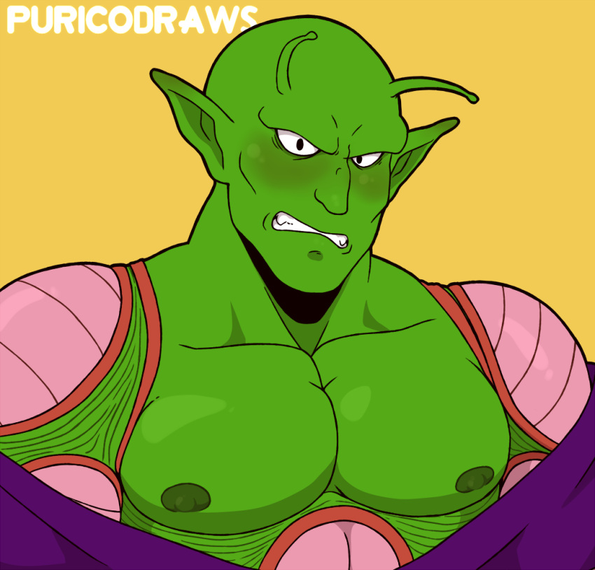 alien antennae_(anatomy) blush clenched_teeth dragon_ball frown green_body humanoid_pointy_ears male muscular namekian nipples pecs piccolo purico solo teeth