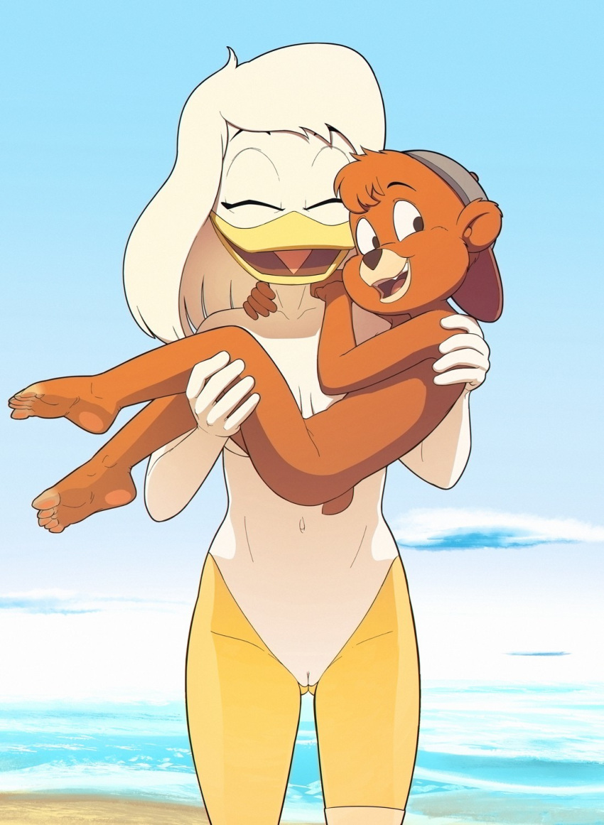 age_difference anatid anseriform anthro avian beach bird butt_from_the_front della_duck disney drockdraw duck ducktales ducktales_(2017) duo female genitals hi_res kit_cloudkicker male mammal nude public pussy seaside talespin ursid young younger_male