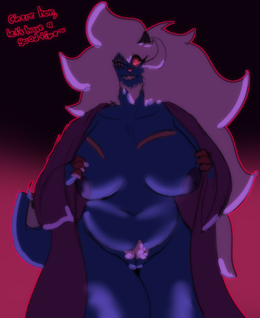 1_eye anthro areola big_breasts big_hair black_background blue_areola blue_body blue_fur blue_nipples breasts clothed clothing dialogue eye_scar eyelashes facial_scar female fur genitals glowing glowing_eyes hair hi_res hisuian_form hisuian_samurott huge_breasts kuroinsolitude long_hair looking_at_viewer lutrine mammal mostly_nude mustelid navel nintendo nipples nude open_clothing open_robe pink_background pok&eacute;mon pok&eacute;mon_(species) pubes pussy red_eyes regional_form_(pok&eacute;mon) robe scar sharp_teeth simple_background slightly_chubby smile solo talking_to_viewer teeth text thick_thighs video_games white_hair white_pubes wide_hips