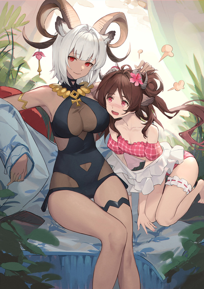 2girls animal_ears arknights bikini black_swimsuit blue_jacket blush breasts bridal_gauntlets brown_hair carnelian_(arknights) carnelian_(shining_dew)_(arknights) casual_one-piece_swimsuit cleavage cleavage_cutout clothing_cutout dark-skinned_female dark_skin eyjafjalla_(arknights) eyjafjalla_(summer_flowers)_(arknights) flower goat_ears goat_girl goat_horns hair_flower hair_ornament hand_on_another's_head haocong33 highres horns jacket jewelry kneeling large_breasts long_hair looking_at_another looking_at_viewer multiple_girls navel_cutout necklace off-shoulder_bikini off_shoulder official_alternate_costume one-piece_swimsuit open_clothes open_jacket open_mouth pink_bikini pink_eyes pink_flower red_eyes sheep_ears sheep_girl sheep_horns shirt short_hair sitting small_breasts smile swimsuit thigh_gap thigh_strap white_hair white_shirt