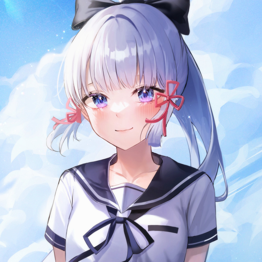 1girl absurdres alternate_costume bangs black_bow blue_eyes blue_sailor_collar blue_sky blunt_bangs blunt_tresses bow breasts chaerom cloud cloudy_sky collarbone commentary english_commentary flower_knot genshin_impact gradient_eyes hair_bow hair_ribbon highres kamisato_ayaka long_hair looking_at_viewer mole mole_under_eye multicolored_eyes ponytail ribbon sailor_collar school_uniform serafuku short_sleeves sky small_breasts smile solo tress_ribbon unfinished upper_body white_hair