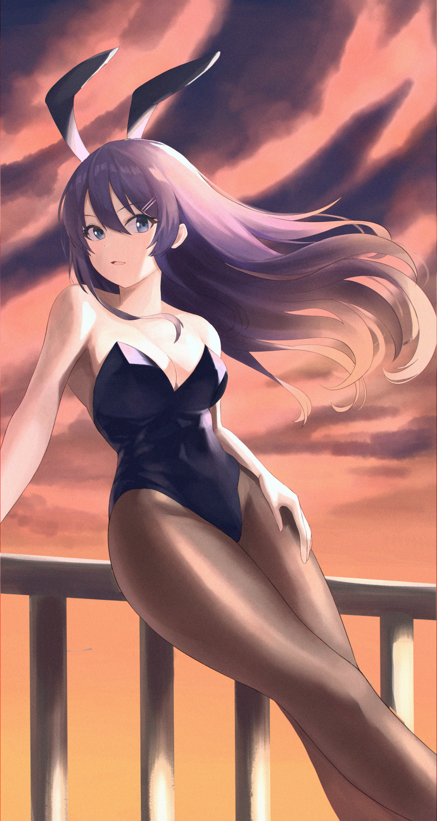 1girl absurdres animal_ears bangs black_leotard blue_eyes breasts brown_legwear cleavage dol17662417d floating_hair hair_between_eyes hair_ornament hairclip highres leotard long_hair looking_at_viewer medium_breasts open_mouth outdoors pantyhose playboy_bunny purple_hair rabbit_ears rooftop sakurajima_mai seishun_buta_yarou solo straight_hair strapless strapless_leotard very_long_hair