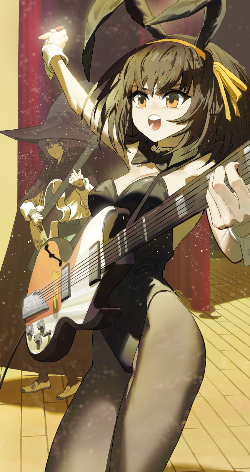 2girls absurdres animal_ears arm_up bangs black_leotard brown_eyes brown_hair commentary_request fake_animal_ears ghdwid god_knows... guitar hair_ribbon hairband hat highres holding holding_instrument instrument kita_high_school_uniform leotard multiple_girls nagato_yuki official_alternate_costume open_mouth pantyhose playboy_bunny purple_hair rabbit_ears ribbon school_uniform short_hair solo_focus suzumiya_haruhi suzumiya_haruhi_no_yuuutsu teeth witch_hat wrist_cuffs yellow_hairband yellow_ribbon