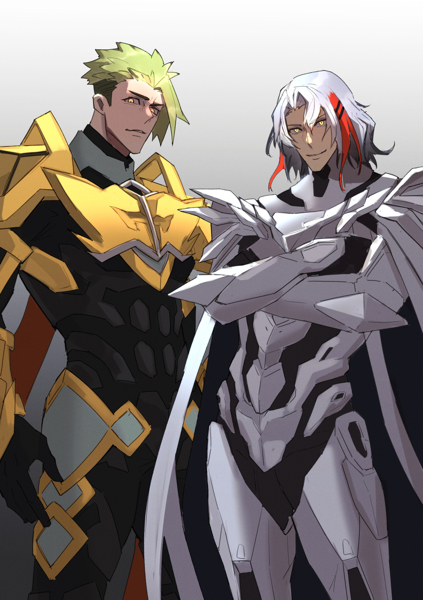 2boys absurdres achilles_(fate) armor fate/grand_order fate_(series) green_hair haruakira highres looking_at_viewer multiple_boys no_headwear no_helmet odysseus_(fate) simple_background white_hair yellow_eyes