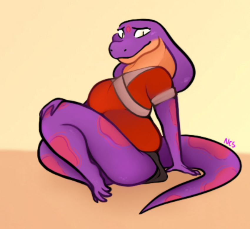 2021 anthro clothed clothing feet female fingers hi_res keeshee looking_at_viewer ncs purple_body reptile scalie sitting smile snake snake_hood solo spots toes yellow_eyes