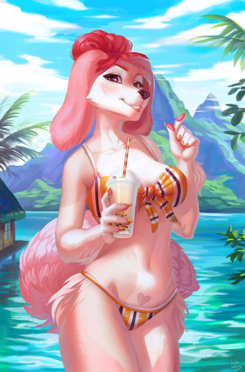&lt;3 2020 5_fingers absurd_res anthro arm_tuft beverage bikini biped bird_dog breasts brown_nose bubble_tea canid canine canis cheek_tuft claws clothed clothing cocker_spaniel detailed_background digital_media_(artwork) domestic_dog drinking_straw facial_tuft female fingers floppy_ears fluffy fluffy_ears head_tuft hi_res hunting_dog koda_walker long_ears looking_at_viewer mammal mountain palm_tree pattern_bikini pattern_clothing pattern_swimwear plant purple_eyes seaside shaded sky smile solo spaniel swimwear teeth thigh_tuft tree tuft water womb_tattoo wrist_tuft yellow_claws