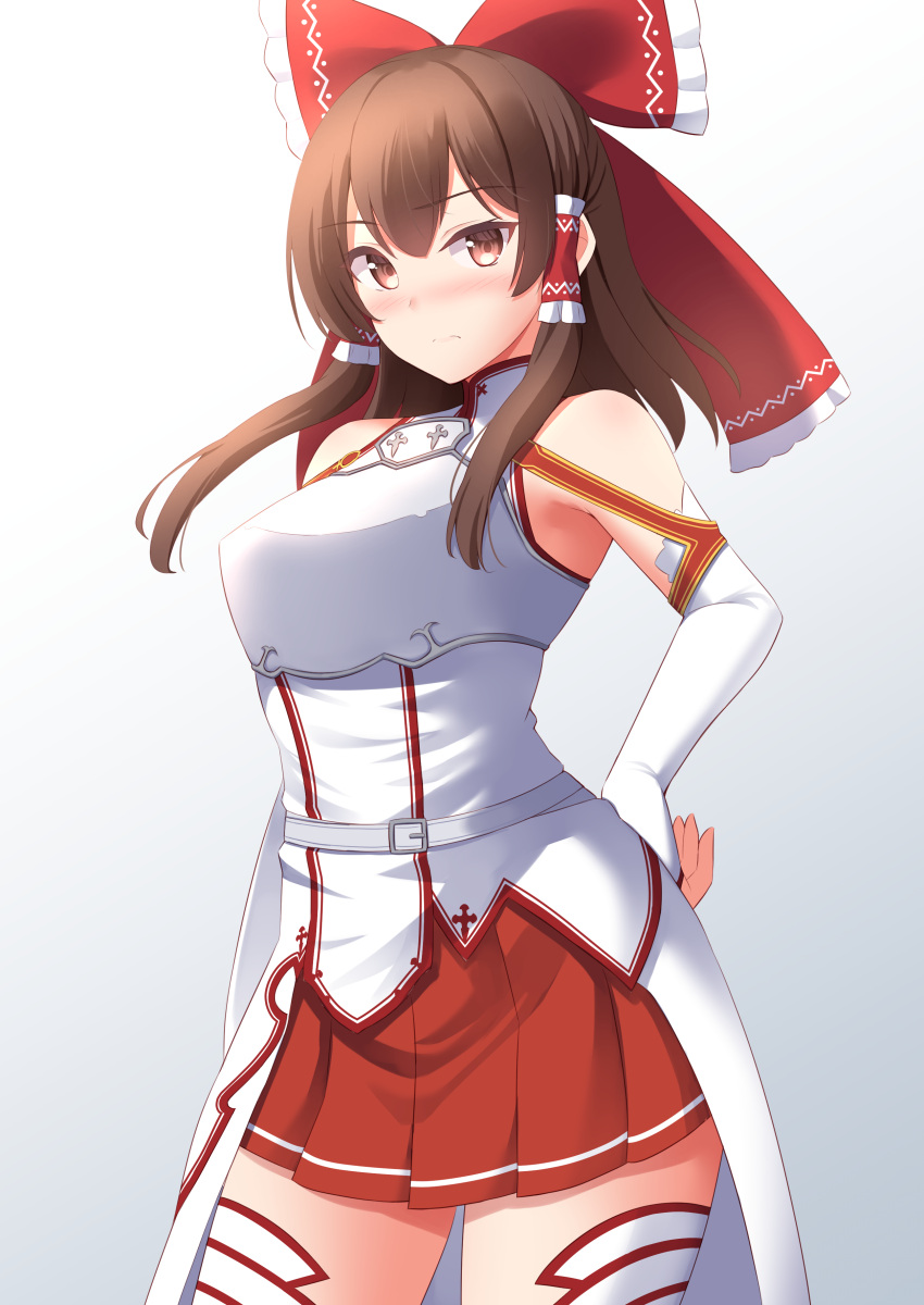 1girl absurdres asuna_(sao) asuna_(sao)_(cosplay) bangs blush bow brown_eyes brown_hair closed_mouth commentary_request cosplay gradient gradient_background grey_background hair_bow hair_tubes hakurei_reimu hand_on_hip highres looking_at_viewer medium_hair red_bow red_skirt skirt solo sword_art_online thighs tokyo_yamane touhou