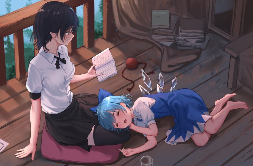 2girls barefoot black_hair black_legwear black_skirt blue_dress blue_hair blush book cirno closed_eyes collared_shirt cushion detached_wings dress fairy hat hat_removed headwear_removed holding holding_book ice ice_wings multiple_girls open_book open_mouth pleated_skirt pointy_ears puffy_short_sleeves puffy_sleeves red_eyes red_headwear roke_(taikodon) shameimaru_aya shirt short_hair short_sleeves skirt thighhighs tokin_hat touhou white_shirt wings zabuton