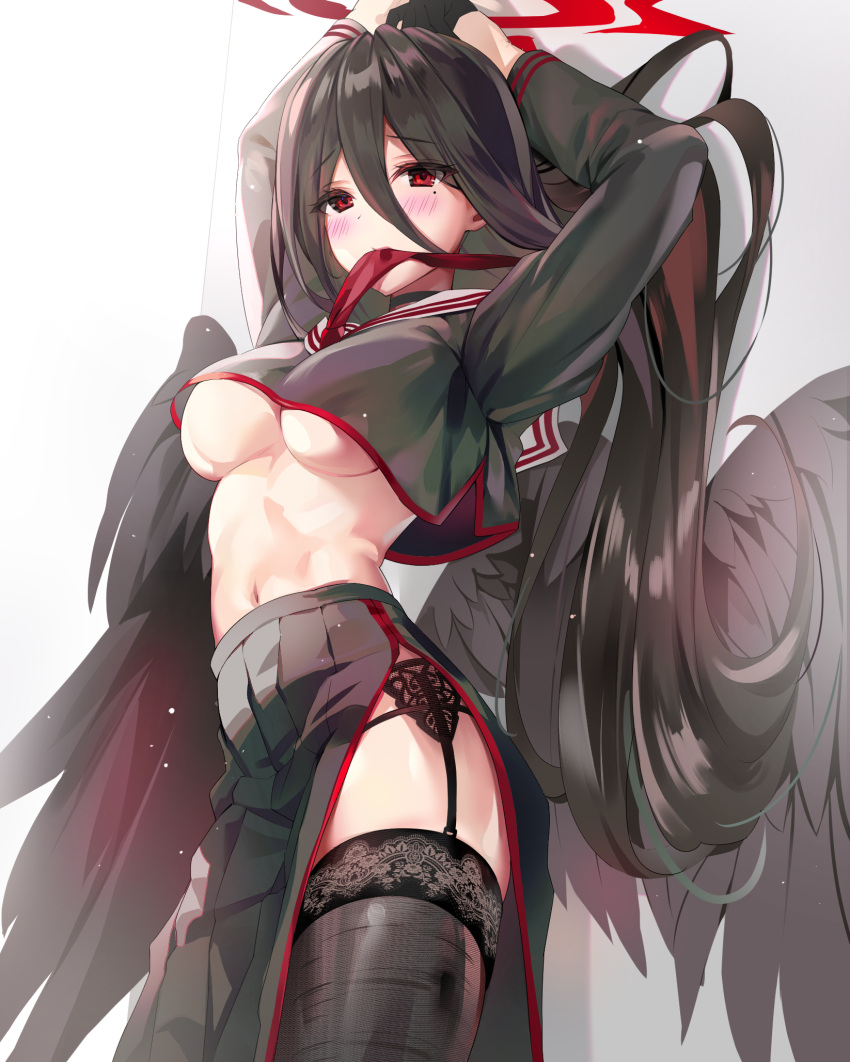 1girl arms_behind_head arms_up black_choker black_gloves black_hair black_serafuku black_shirt black_skirt black_thighhighs blue_archive breasts choker cleavage cowboy_shot crop_top crop_top_overhang feathered_wings garter_belt gloves hair_between_eyes halo hasumi_(blue_archive) highres large_breasts long_hair long_skirt long_sleeves looking_at_viewer luna_nyann midriff mole mole_under_eye mouth_hold navel neckerchief no_bra panties panty_straps pleated_skirt red_eyes revealing_clothes school_uniform serafuku shirt side_slit skirt solo standing stomach string_panties thighhighs underboob underwear very_long_hair wings