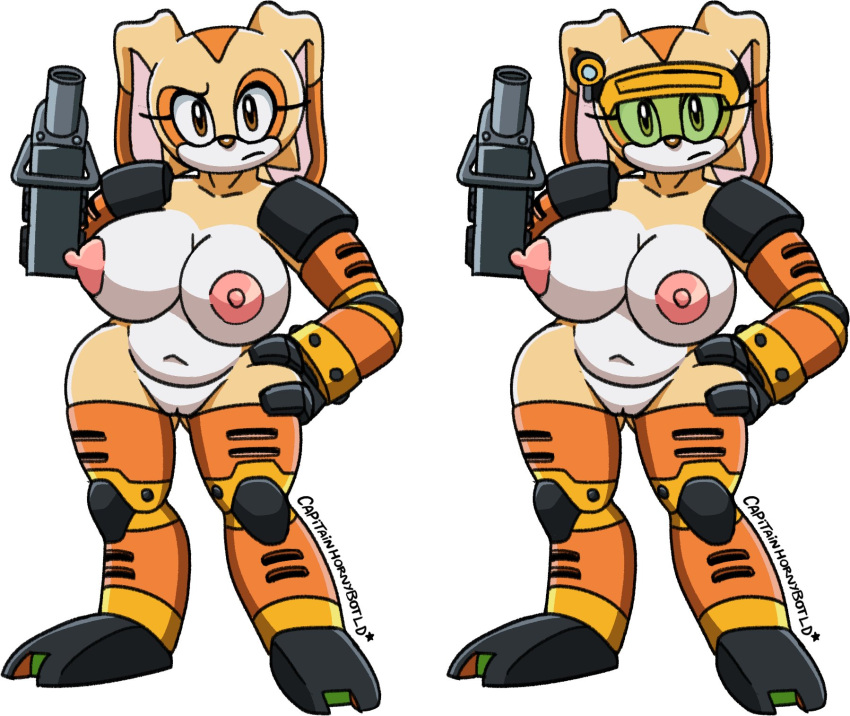 alternate_color anthro areola arm_cannon armor armwear big_breasts black_armwear black_clothing black_legwear breasts brown_eyes butt_from_the_front captainhornybotld clothing cosplay cream_the_rabbit e-104_epsilon eyelashes female fur genitals gun hand_on_hip hi_res ineffective_clothing lagomorph legwear leporid looking_at_viewer mammal mostly_nude navel nipples orange_armwear orange_clothing orange_legwear pink_areola pink_nipples pussy rabbit ranged_weapon sega shoulder_pads simple_background slightly_chubby solo sonic_the_hedgehog_(series) tan_body tan_fur thick_thighs unconvincing_armor visor weapon white_background white_body white_fur wide_hips yellow_armwear yellow_clothing yellow_legwear