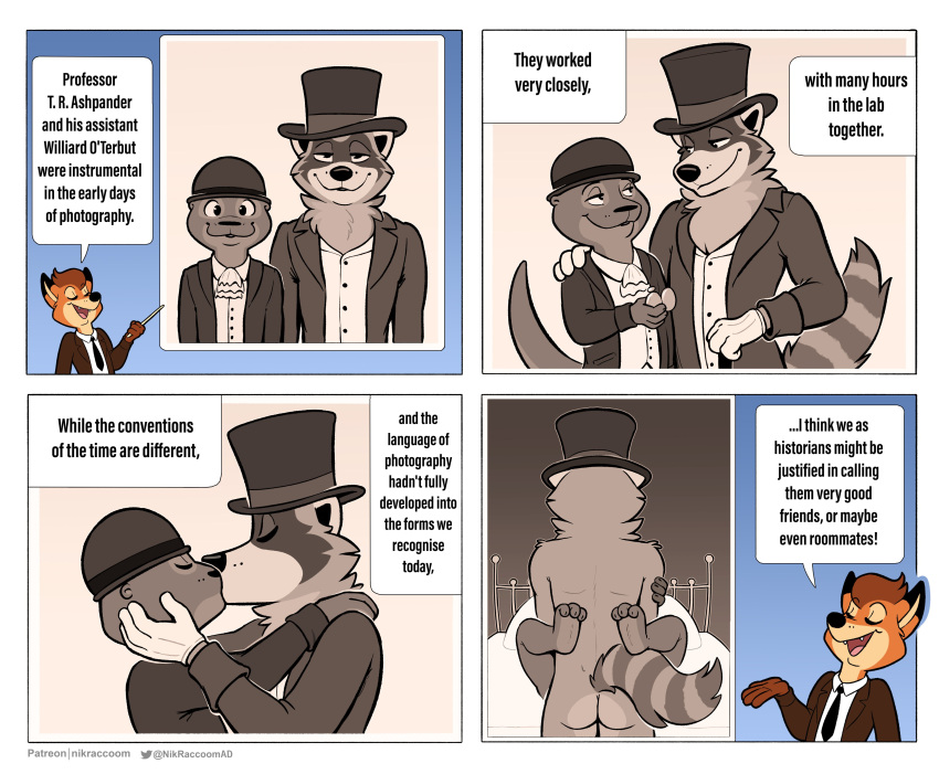 2022 absurd_res anal anal_penetration anthro anthro_on_anthro anthro_penetrated anthro_penetrating anthro_penetrating_anthro arm_on_shoulder bowler_hat butt canid canine clothed clothing comic dialogue dress_shirt english_text eyes_closed felix_(nik159) fox fur group hair hat headgear headwear hi_res humor jacket kissing locket lutrine male male/male male_penetrated male_penetrating male_penetrating_male mammal multiple_scenes mustelid narrowed_eyes necktie nik_(nik159) nikraccoom nude open_clothing open_jacket open_mouth open_smile open_topwear penetration photo presentation procyonid raccoon sex shirt smile suit teacher teeth text the_truth tongue top_hat topwear trio tuft