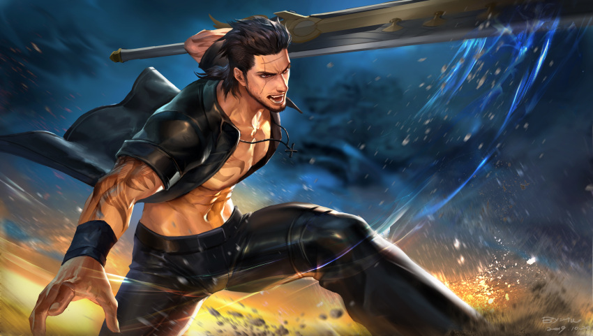 1boy abs absurdres bara beard black_hair brown_eyes facial_hair final_fantasy final_fantasy_xv gladiolus_amicitia highres jacket jewelry male_focus mature_male muscular muscular_male navel necklace nipples pectorals scar scar_across_eye scar_on_face short_hair solo stomach sword tattoo ultramarine weapon wristband