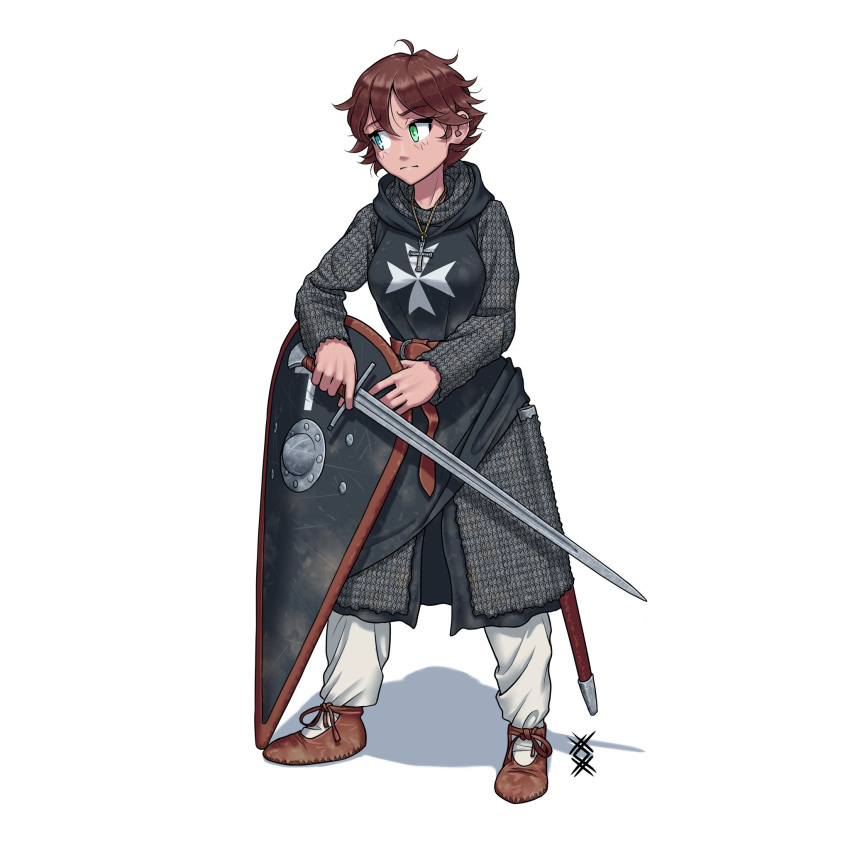 1girl brown_hair chain_necklace cross cross_necklace english_commentary expressionless green_eyes highres jewelry looking_to_the_side medieval messy_hair necklace original ostwindprojekt pants scabbard sheath shield short_hair solo sword tomboy unsheathed weapon white_background