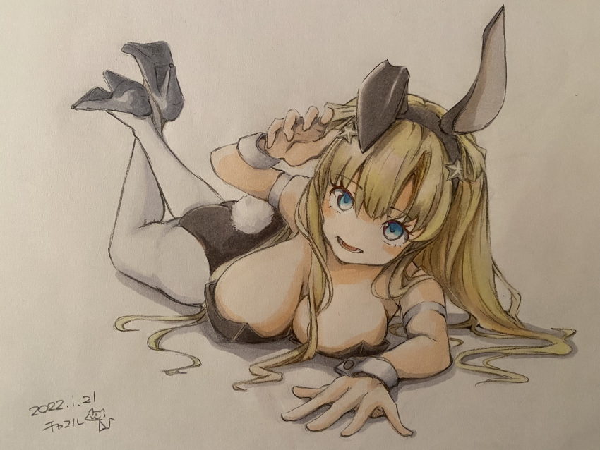 1girl absurdres animal_ears ass bangs bare_shoulders black_footwear black_leotard blonde_hair blue_eyes blush breasts chakoru commentary_request double_bun fake_animal_ears fake_tail feet_up fletcher_(kancolle) hair_bun hair_ornament high_heels highres kantai_collection large_breasts leotard long_hair looking_at_viewer lying on_stomach open_mouth pantyhose playboy_bunny rabbit_ears rabbit_tail simple_background smile solo star_(symbol) star_hair_ornament strapless strapless_leotard tail the_pose thighs traditional_media white_background white_legwear white_pantyhose wrist_cuffs