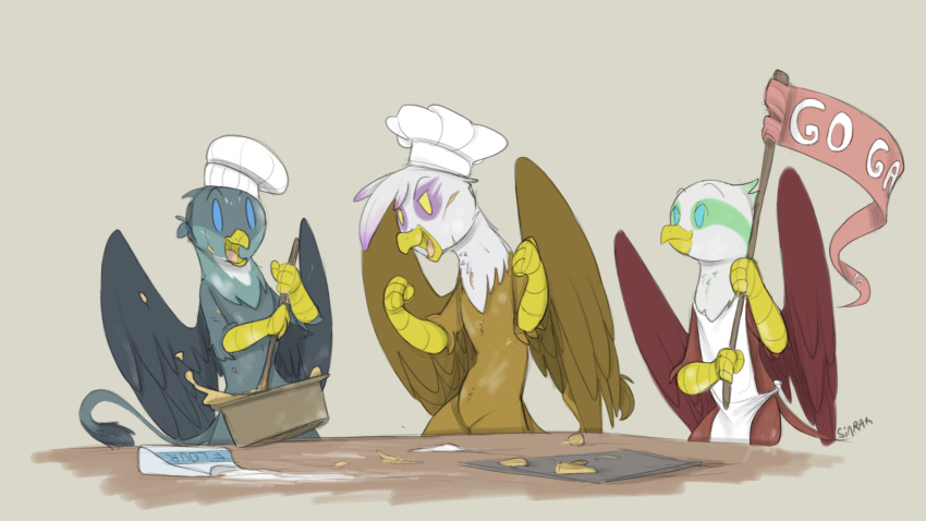 avian baking blue_eyes brown_body brown_feathers chef_hat clothing cutlery feathered_wings feathers female feral flag flour friendship_is_magic gabby_(mlp) gilda_(mlp) greta_(mlp) grey_body grey_feathers group gryphon hasbro hat headgear headwear hi_res holding_object kitchen_utensils long_tail my_little_pony mythological_avian mythology open_mouth red_body red_feathers simple_background sinrar spoon tools trio tuft white_body white_feathers wings yellow_eyes