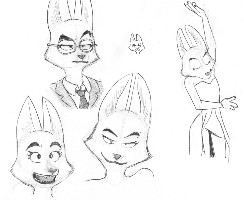 absurd_res anthro black_lips canid canine clothed clothing dancing diane_foxington dreamworks dress efradraws eyebrows eyewear female fox glasses graphite_(artwork) hi_res lips mammal pencil_(artwork) sketch sketch_page smile smug suit the_bad_guys thick_eyebrows traditional_media_(artwork)