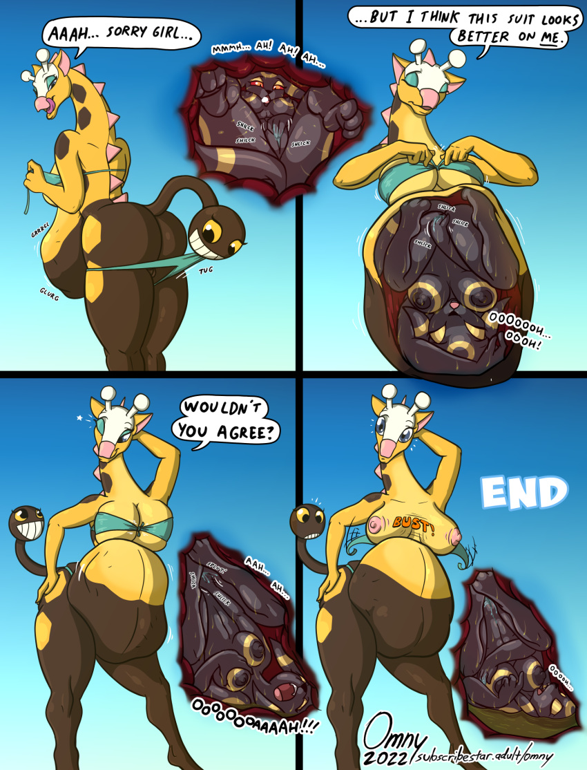 anthro big_breasts big_butt bikini bodily_fluids breast_squeeze breasts bursting_out_of_clothing butt clothing clothing_theft comic dialogue eeveelution english_text female female/female female_pred female_prey girafarig hi_res holding_breast imminent_digestion internal licking licking_lips long_neck masturbation nintendo omny87 oral_vore organs pok&eacute;mon pok&eacute;mon_(species) speech_bubble stomach stomach_acid swimwear tail_mouth talking_to_another text tongue tongue_out umbreon unusual_anatomy unusual_tail video_games vore willing_prey