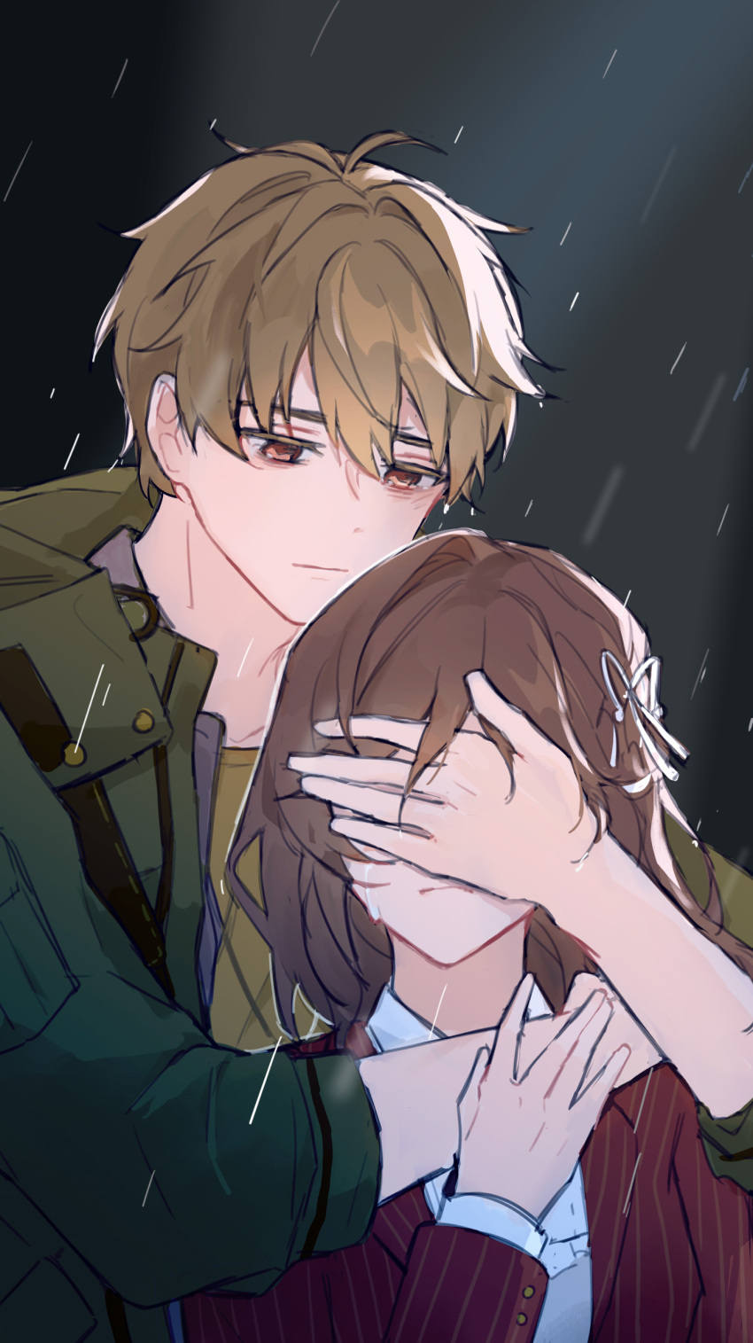 1boy 1girl absurdres bangs brown_hair closed_mouth covering_eyes crying green_eyes green_jacket hair_ornament highres hug hug_from_behind jacket long_hair long_sleeves luke_pearce_(tears_of_themis) rain red_jacket rosa_(tears_of_themis) shirt short_hair tartarduck tears tears_of_themis water_drop yellow_shirt