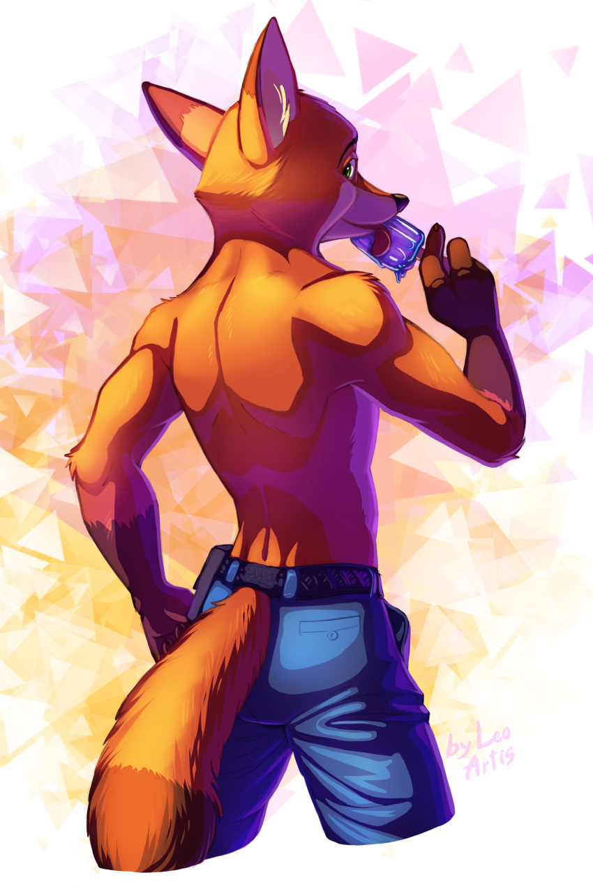 2022 absurd_res anthro blue_bottomwear blue_clothing blue_pants bottomwear butt canid canine clothing disney food fox fur gradient_background hi_res leo-artis licking mammal nick_wilde orange_body orange_fur pants popsicle simple_background tongue tongue_out zootopia