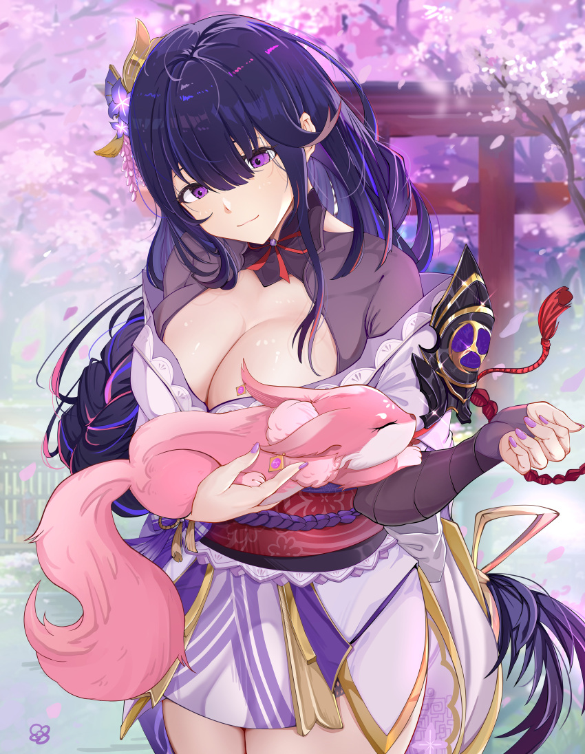 absurdres armor blurry bow braid breasts bridal_gauntlets carrying cherry_blossoms cleavage depth_of_field earrings fox genshin_impact hair_bow hair_ornament hair_ribbon hana_(zwjx8425) highres japanese_clothes jewelry leaning_forward long_hair looking_at_another low-tied_long_hair mitsudomoe_(shape) obi petals purple_eyes purple_hair raiden_shogun ribbon sash shoulder_armor single_braid sleeping sleeping_on_person tomoe_(symbol) torii yae_miko yae_miko_(fox)