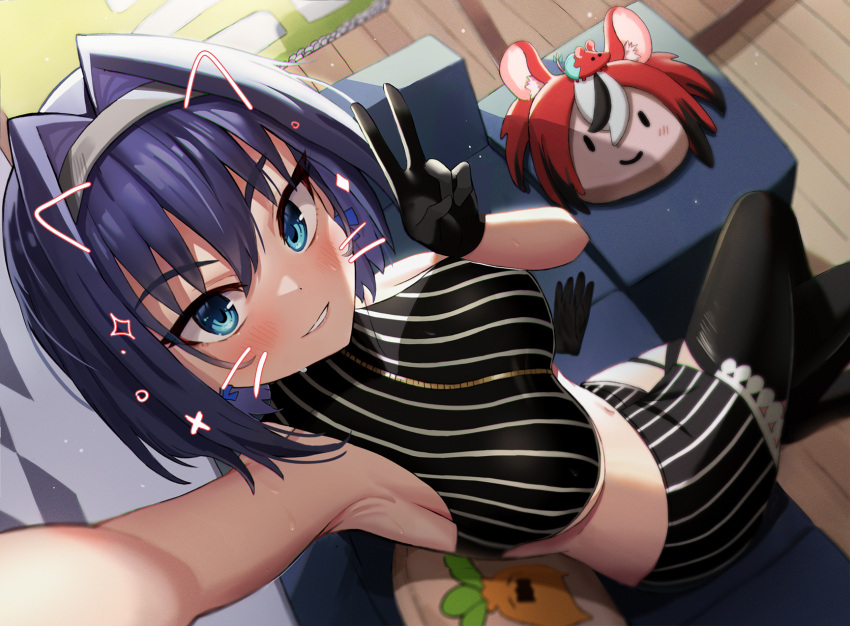 1girl armpits asymmetrical_clothes bare_shoulders black_gloves black_legwear blue_eyes blue_hair blue_ribbon blurry blush bow bow_earrings breasts clothing_cutout cosplay couch covered_collarbone crop_top crossed_legs dark_blue_hair depth_of_field drawn_ears drawn_whiskers earrings face_filter from_above gloves gloves_removed grin hair_between_eyes hair_intakes hakos_baelz hakos_baelz_(cosplay) halterneck headband highres holding hololive hololive_english indoors jewelry large_breasts loloco looking_at_viewer medium_hair micro_shorts miniskirt navel ouro_kronii pinstripe_pattern pinstripe_shirt pinstripe_skirt ribbon selfie shirt shorts sitting skirt sleeveless smile solo striped thighhighs tsurime turtleneck underboob underboob_cutout v virtual_youtuber wooden_floor zipper