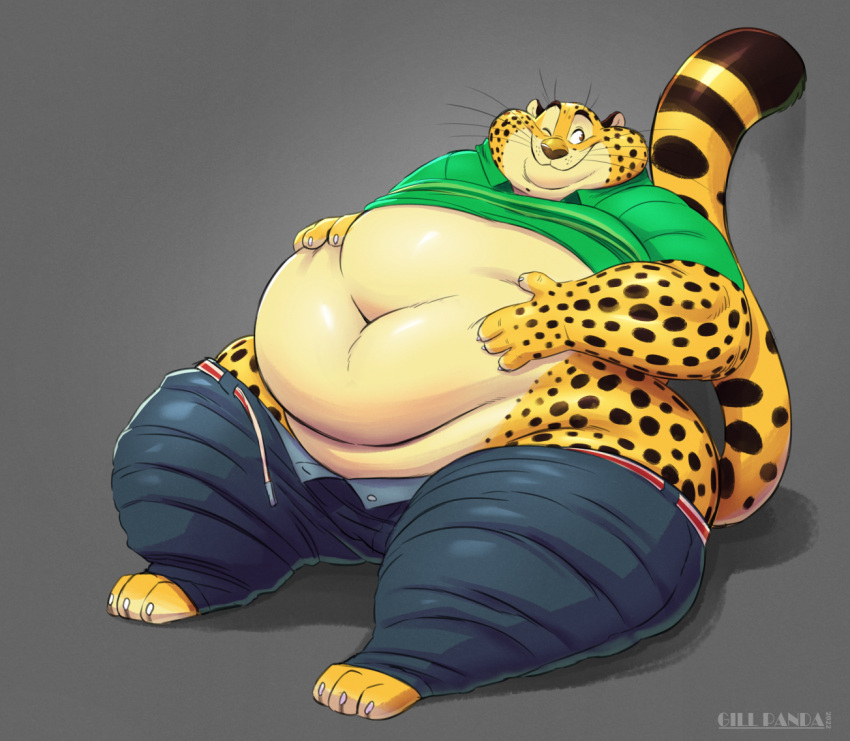 2022 anthro belly belt benjamin_clawhauser big_belly big_butt bottomwear butt cheetah clothing disney felid feline front_view fur gillpanda green_clothing green_shirt green_topwear hand_on_stomach looking_aside male mammal navel obese obese_anthro obese_male one_eye_closed overweight overweight_anthro overweight_male pants pants_around_legs presenting presenting_belly raised_tail shirt sitting smile solo spots spotted_body spotted_fur topwear unbuckled_belt unbuttoned_pants whiskers wink zootopia