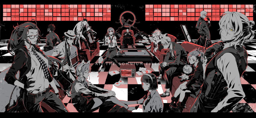 6+boys 6+girls absurdres adjusting_clothes adjusting_necktie adorabbit ai_the_somnium_files aiba_(ai_the_somnium_files) alternate_costume artist_name bangs belt black_hair blood blunt_bangs checkered_floor checkered_necktie collared_shirt copyright_name couch date_kaname dated different_reflection egg everyone expressionless facial_hair falco_(ai_the_somnium_files) fedora formal freckles gendou_pose glasses gun hair_between_eyes hair_bun hair_slicked_back hat headband high_heels highres holster ice_pick jacket jacket_on_shoulders jewelry knees_together_feet_apart kumakura_moma kumakura_rouhan kuranushi_shizue lead_pipe letterboxed loafers long_hair long_sleeves looking_at_viewer lying mannequin matsushita_ota mirror mole mole_under_eye mole_under_mouth monochrome multicolored_hair multiple_boys multiple_girls nadami_shouko nametake_cheese neckerchief necktie okiura_mizuki okiura_renjuu on_couch opaque_glasses own_hands_clasped own_hands_together parted_lips partially_opaque_glasses pewter_(ai_the_somnium_files) ponytail red_eyes reflection rifle ring sagan_hitomi sagan_iris sanpaku sejima_sou serious shirt shoes short_hair single_hair_bun sitting sitting_on_table spoilers spot_color streaked_hair striped_necktie stubble stuffed_toy suit sunglasses table television vest watch weapon wristwatch yellow_eyes