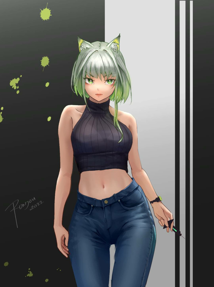 1girl alternate_costume animal_ear_fluff animal_ears arknights artist_name bare_shoulders black_background blue_pants breasts casual cat_ears closed_mouth collarbone cowboy_shot dated denim gradient_hair green_eyes green_hair grey_background grey_hair highres holding holding_syringe jeans kal'tsit_(arknights) large_breasts looking_at_viewer multicolored_hair navel pants ronjou14 signature single_sidelock sleeveless solo stomach syringe two-tone_background v-shaped_eyebrows wristband