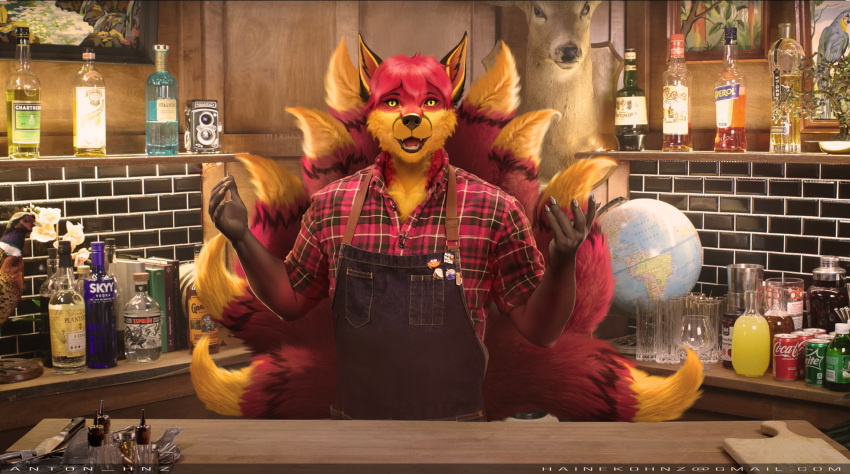 alcohol anthro antonhnz bar beautiful beverage body canid canine canis character clock clothing cocktails com cooking creek drawing fantasy fox furry hi_res hnz invalid_tag kitchen male mammal paint photoshop portrait poster sfw solo suit tail watch wolf