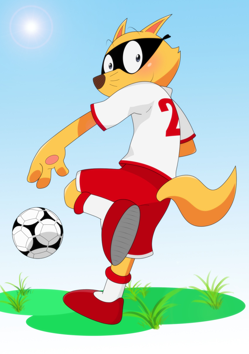 2012 3_fingers anthro ball canid canine clothed clothing fingers fox fur grass hi_res kaiketsu_zorori looking_at_viewer male mammal mask plant smile soccer soccer_ball soccer_uniform solo sport sportswear uniform whiskers wiszkas yellow_body yellow_fur zorori