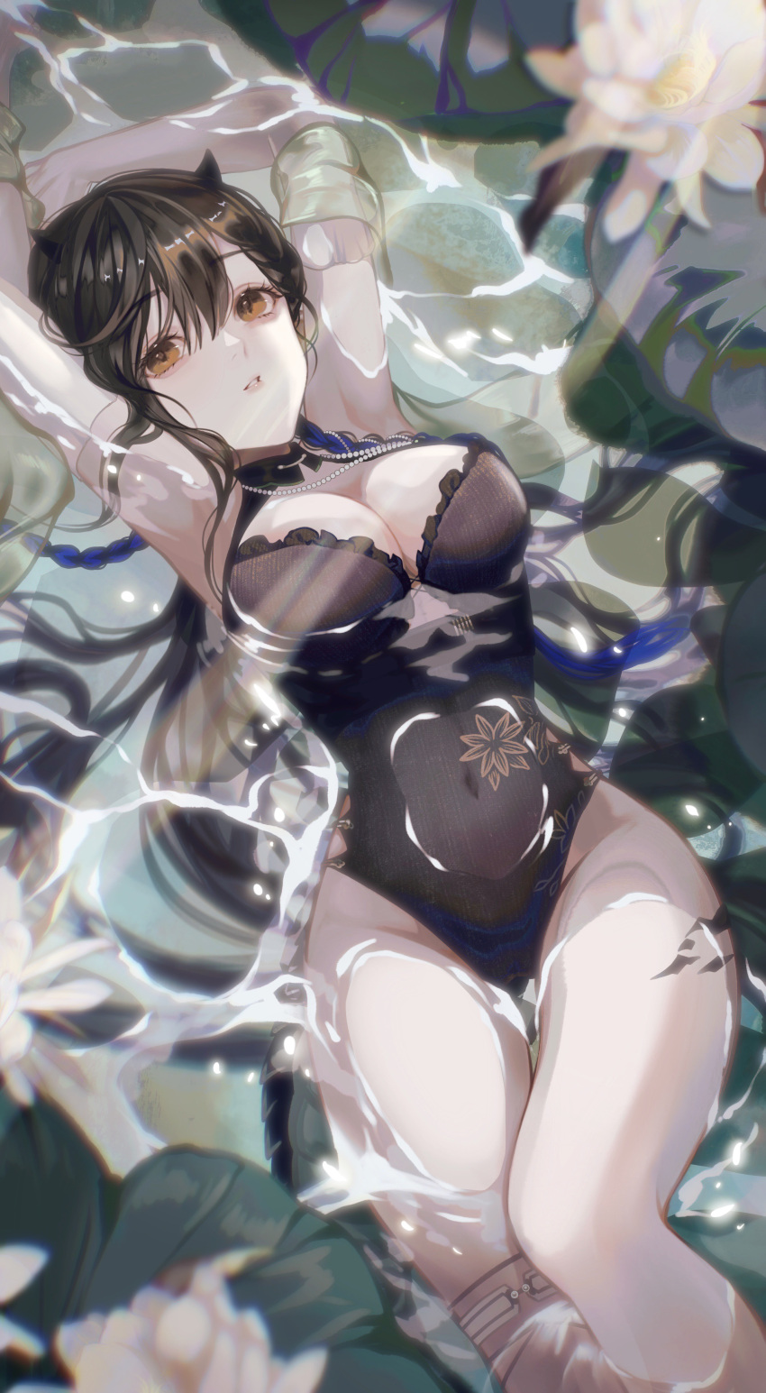 1girl absurdres arknights arms_up black_hair black_skirt blacknight_(arknights) blacknight_(summer_flowers)_(arknights) breasts brown_eyes casual_one-piece_swimsuit cleavage covered_navel feet_out_of_frame flower highres horns large_breasts leaf lotus official_alternate_costume one-piece_swimsuit parted_lips pipixiannugu skirt solo swimsuit thigh_gap thighs water wet white_flower