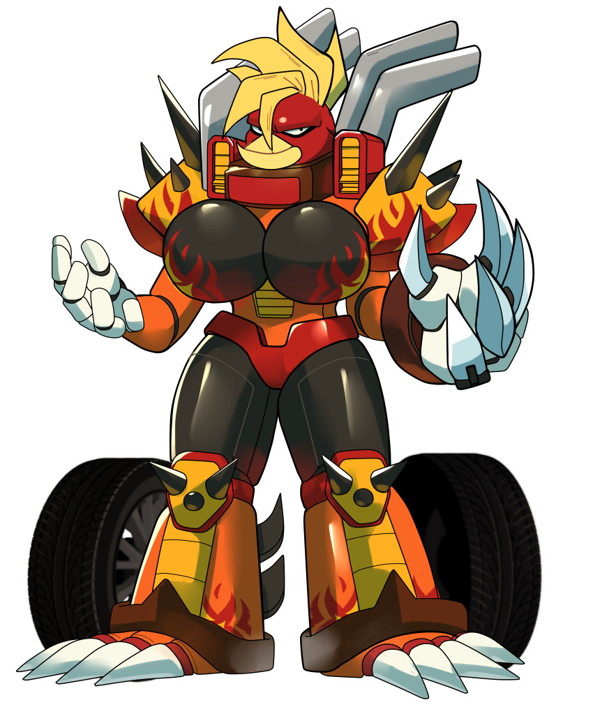 absurd_res anthro armor avian beady_eyes big_breasts breasts car chroma_(famwammer) claws elemental_creature famwammer female fruitloop-chan hi_res hot_rod_flames huge_breasts machine mohawk pauldron red_corvette robot smokestack solo spikes vehicle wheels