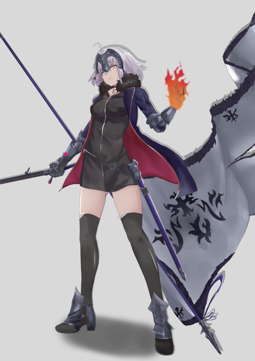 1girl absurdres armor armored_boots ass_visible_through_thighs boots fate/grand_order fate_(series) fire flaming_hand grey_hair headphones high_heel_boots high_heels highres jeanne_d'arc_alter_(fate) jeanne_d'arc_alter_(ver._shinjuku_1999)_(fate) misto_(nnvy3472) polearm solo standard_bearer sword thighhighs thighs weapon white_background yellow_eyes