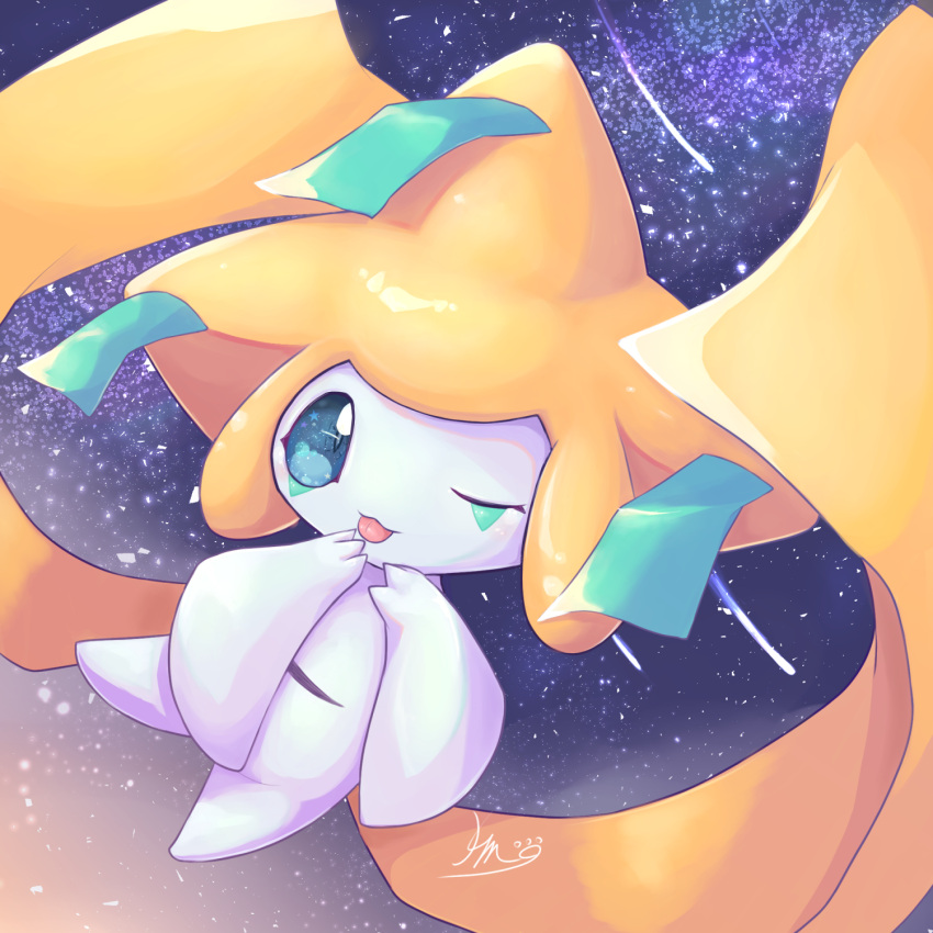 comet commentary_request hands_up highres jirachi komunyan looking_at_viewer night no_humans one_eye_closed outdoors pokemon pokemon_(creature) signature solo tongue tongue_out