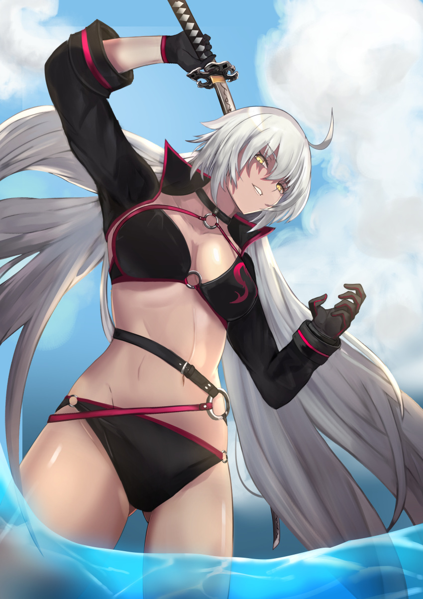 1girl absurdres ahoge ass_visible_through_thighs bikini black_bikini black_gloves blue_sky breasts cleavage cloud fate/grand_order fate_(series) from_below gloves grey_hair groin hair_between_eyes highres jeanne_d'arc_alter_(fate) jeanne_d'arc_alter_(swimsuit_berserker)_(fate) katana long_hair misto_(nnvy3472) navel over_shoulder parted_lips short_hair sky solo swimsuit sword sword_over_shoulder thighs very_long_hair wading water weapon weapon_over_shoulder yellow_eyes