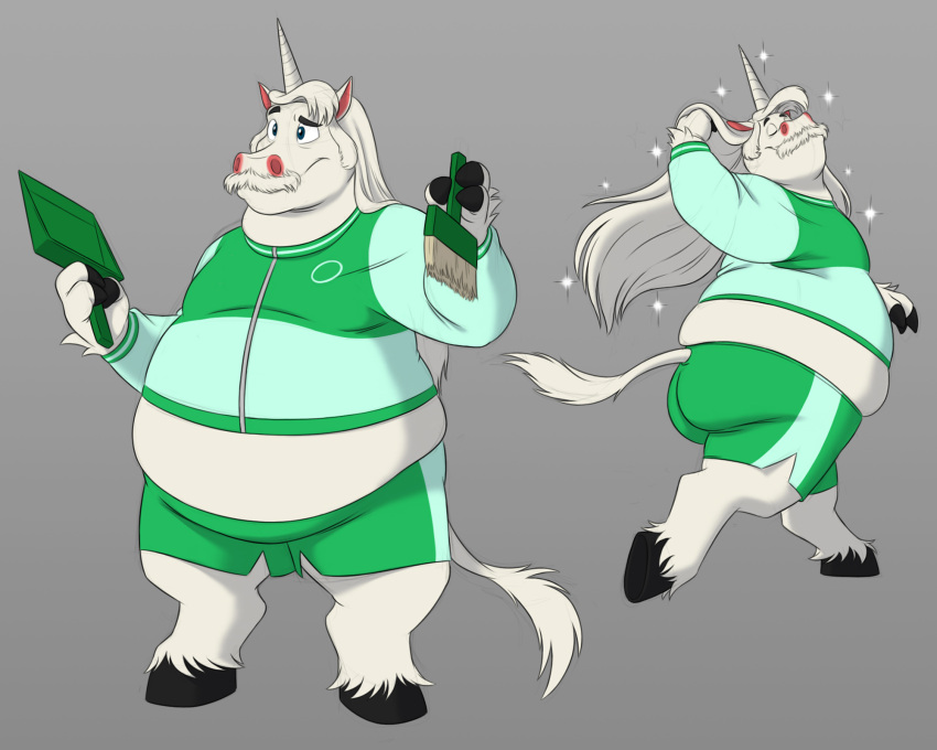2022 anthro belly big_belly bottomwear butt clothing equid equine eyes_closed fur hi_res horn humanoid_hands jeff_(luck) luck_(movie) male mammal mature_male overweight overweight_male pokelai shorts simple_background solo unicorn white_body white_fur