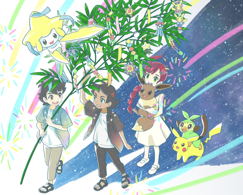 1girl 2boys :d alternate_costume ash_ketchum bangs black_footwear blue_eyes braid braided_ponytail chloe_(pokemon) collared_shirt commentary_request dress goh_(pokemon) green_eyes grookey highres holding holding_pokemon jirachi minato_(mntnm) multiple_boys open_clothes open_mouth open_shirt pants pikachu pokemon pokemon_(anime) pokemon_(creature) pokemon_journeys sandals shirt short_sleeves smile teeth undershirt upper_teeth white_dress