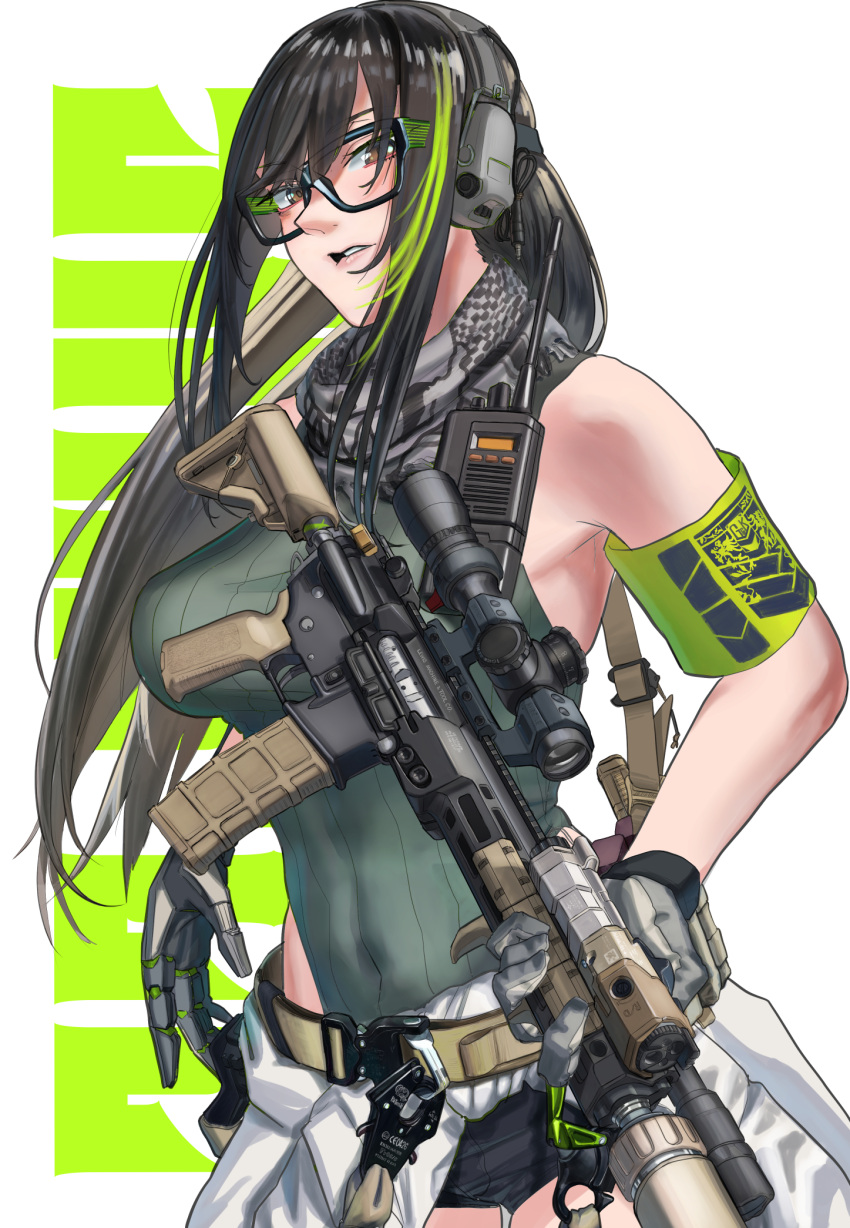 1girl ar-15 armband assault_rifle black_eyes black_hair clothes_around_waist cowboy_shot girls'_frontline glasses gloves green_hair gun headphones highres jacket jacket_around_waist leotard_sweater long_hair m4_carbine m4a1_(girls'_frontline) military multicolored_hair rifle scarf scope short_shorts shorts streaked_hair suppressor utsuda walkie-talkie weapon