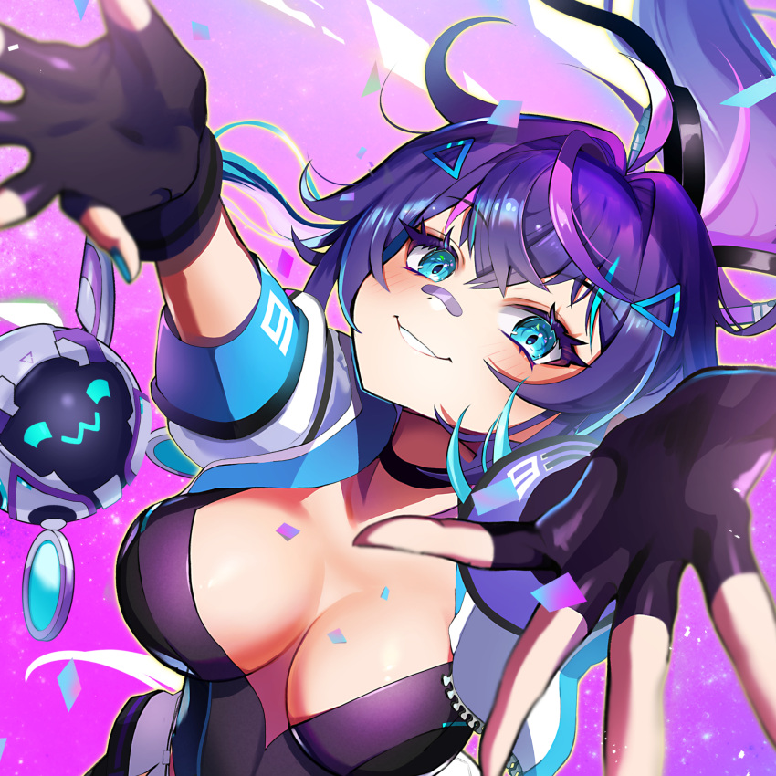 bandaid bandaid_on_face bandaid_on_nose black_choker blue_eyes blue_hair breasts choker cleavage fingerless_gloves gloves hair_ornament highres jacket leotard looking_at_viewer medium_breasts melody_(projektmelody) multicolored_hair ponytail projektmelody purple_hair purple_leotard streaked_hair t0m_(projektmelody) triangle_hair_ornament virtual_youtuber vshojo yuarima310