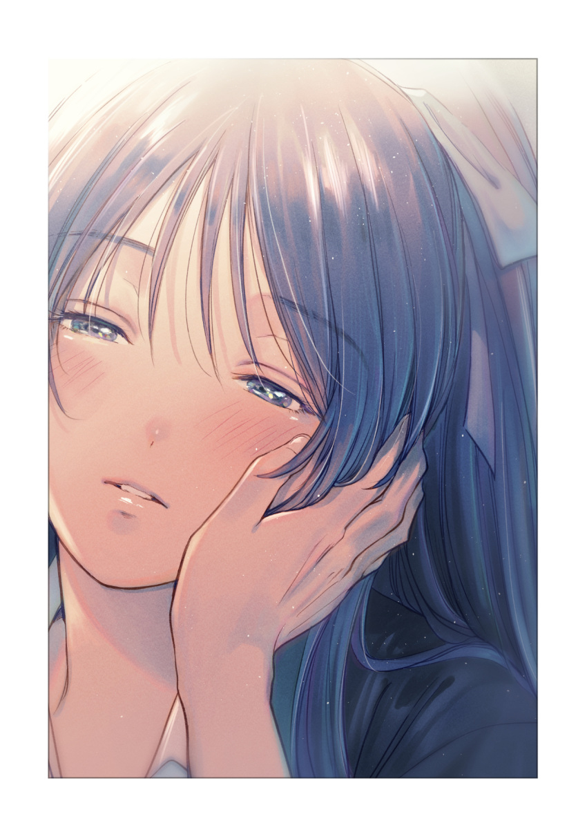 1girl bangs black_hair blue_hair blush border eyelashes hair_ribbon half-closed_eyes hand_on_another's_cheek hand_on_another's_face haori highres imminent_kiss japanese_clothes kamiya_kaoru light_particles long_hair looking_afar natsu_mikan_(level9) out_of_frame parted_lips portrait pov pov_hands ribbon rurouni_kenshin solo_focus