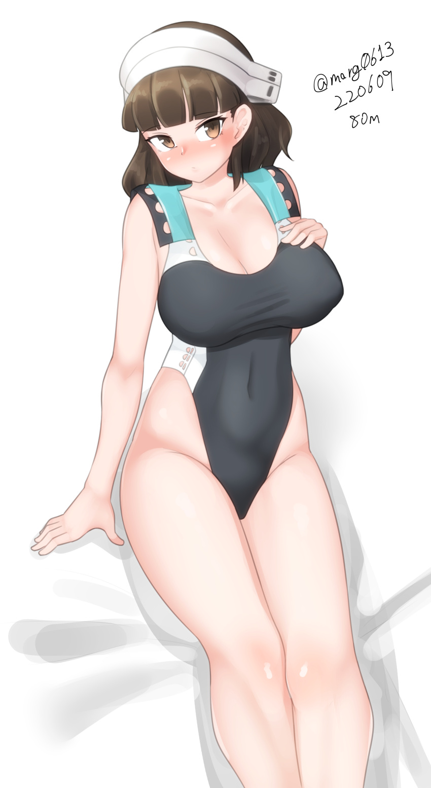 1girl absurdres bangs black_swimsuit blunt_bangs breasts brown_eyes brown_hair cleavage competition_swimsuit cosplay dated feet_out_of_frame headdress highleg highleg_swimsuit highres kantai_collection large_breasts maru_(marg0613) multicolored_clothes multicolored_swimsuit no_eyewear one-hour_drawing_challenge one-piece_swimsuit roma_(kancolle) scamp_(kancolle) scamp_(kancolle)_(cosplay) sitting solo swimsuit twitter_username wavy_hair