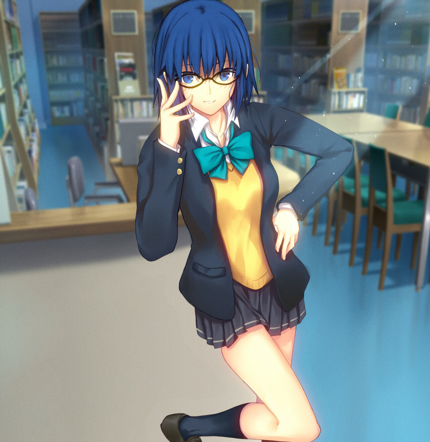 1girl aqua_bow aqua_bowtie black_jacket black_socks blazer blue_eyes blue_hair blush bow bowtie ciel_(tsukihime) glasses highres iro_(sekaixiro) jacket library loafers looking_at_viewer medium_hair miniskirt shoes skirt smile solo sweater table tsukihime tsukihime_(remake) type-moon yellow_sweater